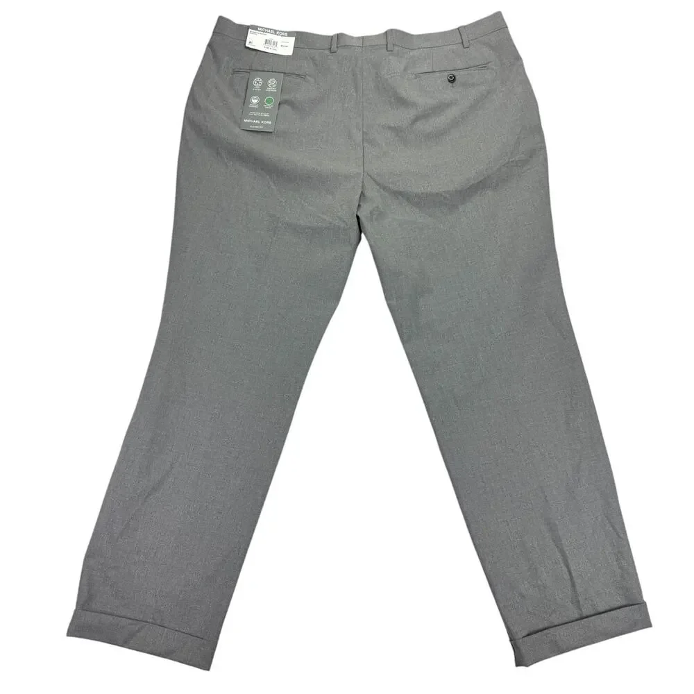 Michael Kors Mens Pleated Cuffed Solid Classic Fit Stretch Pants Gray 44x32